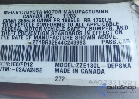 2004 Toyota Corolla S из США, поврежденный, VIN 2T1BR32E44C243993